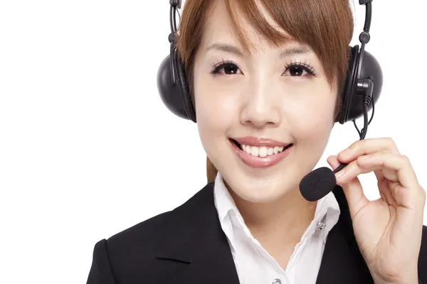 Χαμογελώντας επιχειρηματίας και πελάτης αντιπρόσωπος με ακουστικό — Φωτογραφία Αρχείου