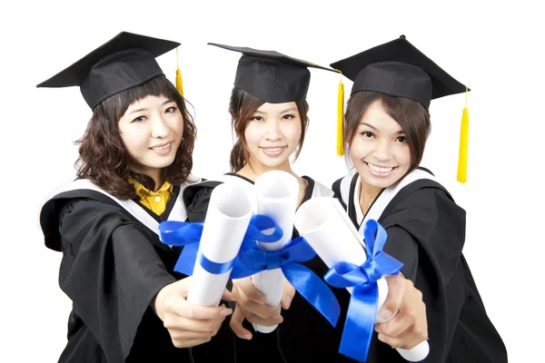 Three graduation asian girls holding their diploma — Stock Photo, Image