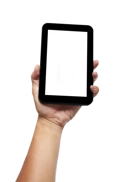 Mão segurando tablet pc e isolado no branco — Fotografia de Stock