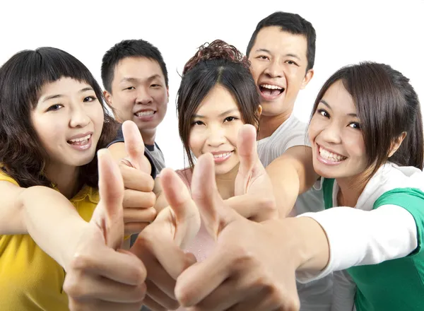 Jovem asiático Grupo com polegares para cima — Fotografia de Stock
