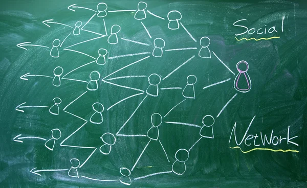 Menggambar diagram jaringan sosial pada papan tulis — Stok Foto