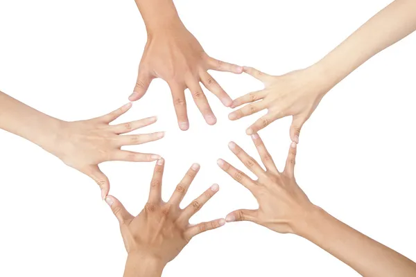 Ive verschillende handen met elkaar verbonden en geïsoleerd op wit — Stockfoto