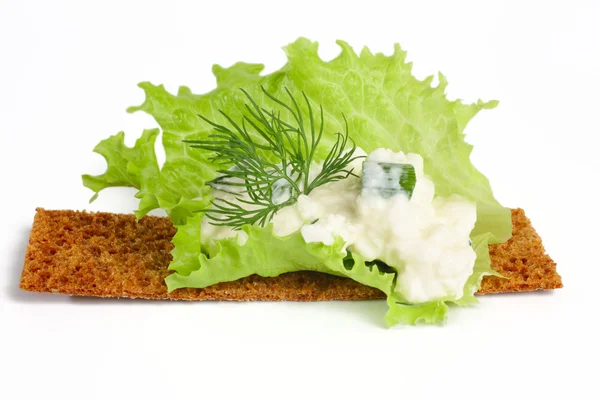 Delicious crispbreads with cottage cheese , fennel and salad sh — Stock Photo, Image