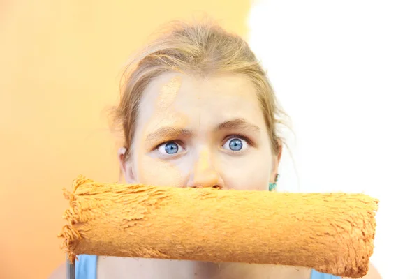 stock image Disquiet young woman / unhappy home Improvement / with wtite