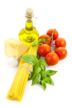 Ingredients for Italian cooking: olive oil, basil, tomato, parme clipart