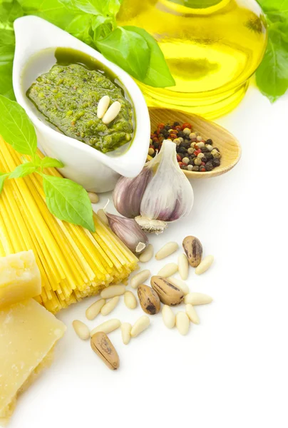 Italian food / pesto and pasta / border composition — Stock Photo, Image
