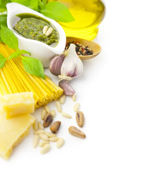 Italian food / pesto and pasta / border composition — Stock Photo, Image