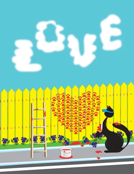 Μια γάτα ζωγραφίζει στο φράχτη μια κόκκινη καρδιά — Διανυσματικό Αρχείο