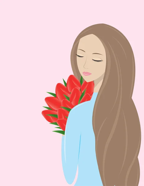 Mädchen mit dem Strauß roter Tulpen — Stockvektor