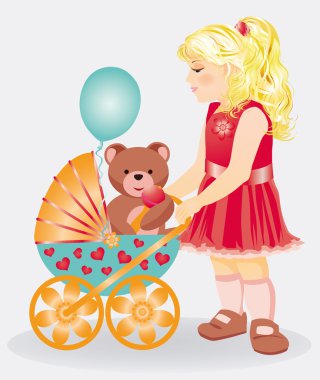 Beautiful little girl with a taddy bear and baby parm, vector clipart