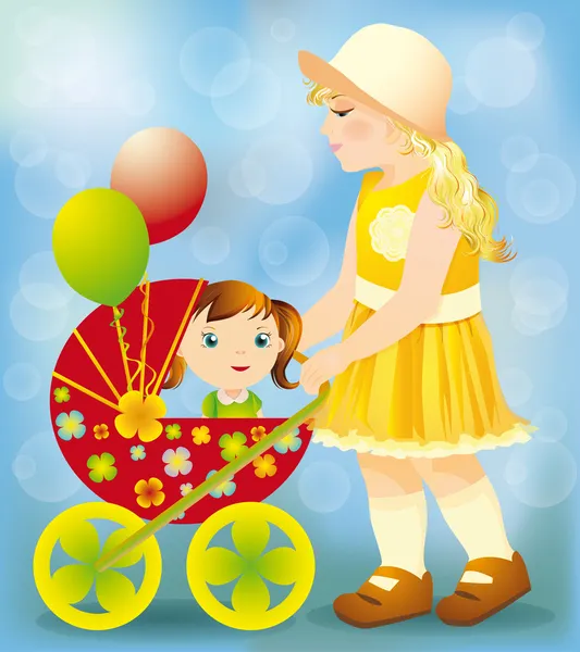 Niña jugando con un carro de bebé y muñeca, ilustración vectorial — Vector de stock