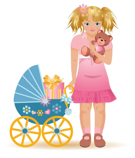 Petite fille avec ours en peluche, illustration vectorielle — Image vectorielle