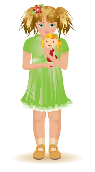 Petite fille avec poupée aux cheveux rouges, illustration vectorielle — Image vectorielle