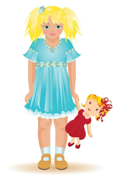 Όμορφη ξανθιά κοπέλα που παίζει με μια κουκλίτσα, διάνυσμα — Διανυσματικό Αρχείο
