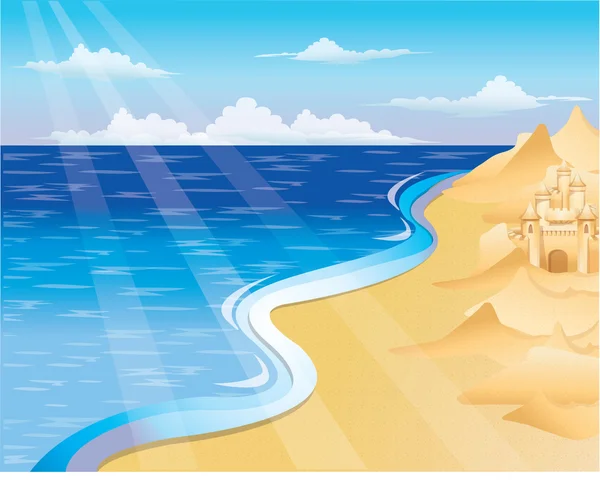 Tarjeta de verano con castillo de arena. ilustración vectorial — Vector de stock
