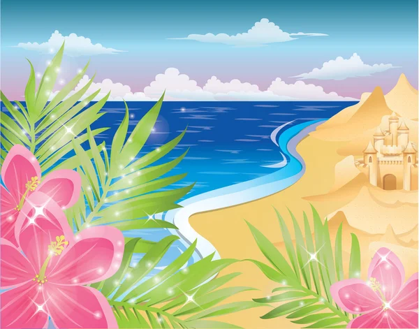 Cartão de verão com flores e castelo de areia. ilustração vetorial — Vetor de Stock
