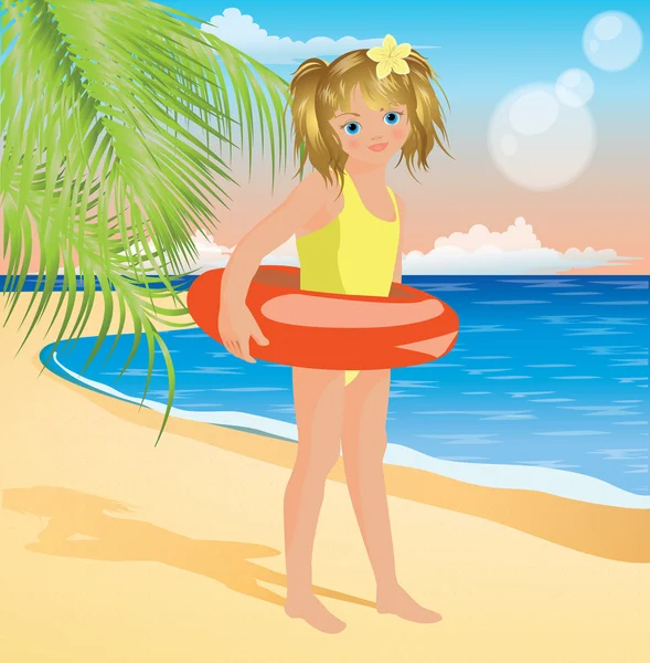 Дитина дівчина на пляжі, Векторні ілюстрації — стоковий вектор