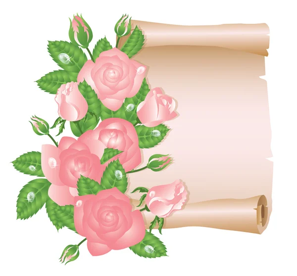 Tarjeta de amor con rosa y rollo de papel viejo. ilustración vectorial — Archivo Imágenes Vectoriales