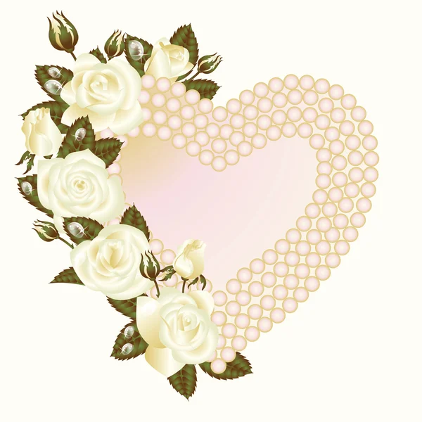 Rosa bianca e perle telaio. illustrazione vettoriale — Vettoriale Stock