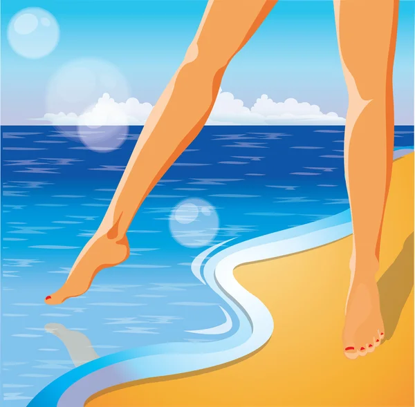 Летняя карта времени. Ноги на пляже. векторная иллюстрация — стоковый вектор