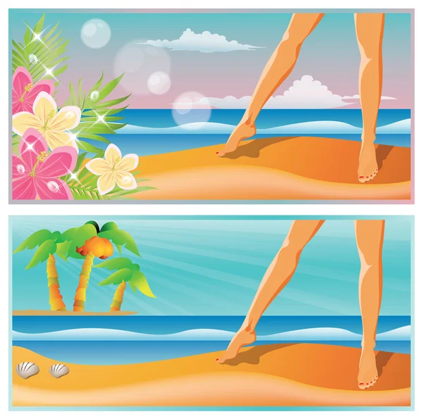 夏季时间横额。一双脚在沙滩上。矢量 — 图库矢量图片