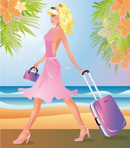 Blondie girl s cestovní taškou, vektorové ilustrace — Stockový vektor