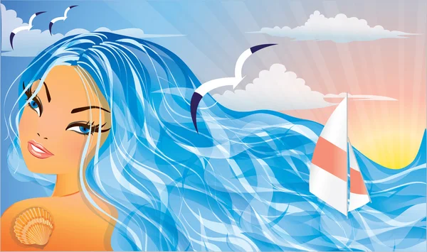 Beautiful Summer girl and sea. vector illustration — Stock Vector