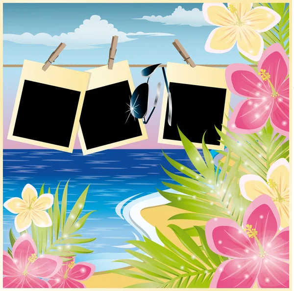 Tarjeta de playa con marco de fotos, en estilo scrapbooking. ilustración vectorial — Vector de stock