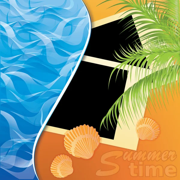 La foto-tarjeta en la playa de arena del mar. ilustración vectorial — Vector de stock