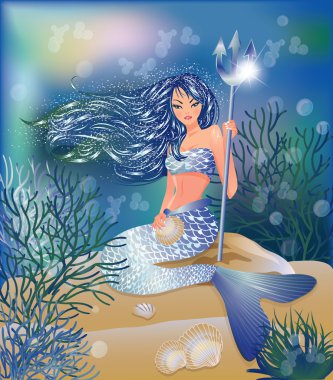 Mermaid with Trident and seashell, vector illustration clipart
