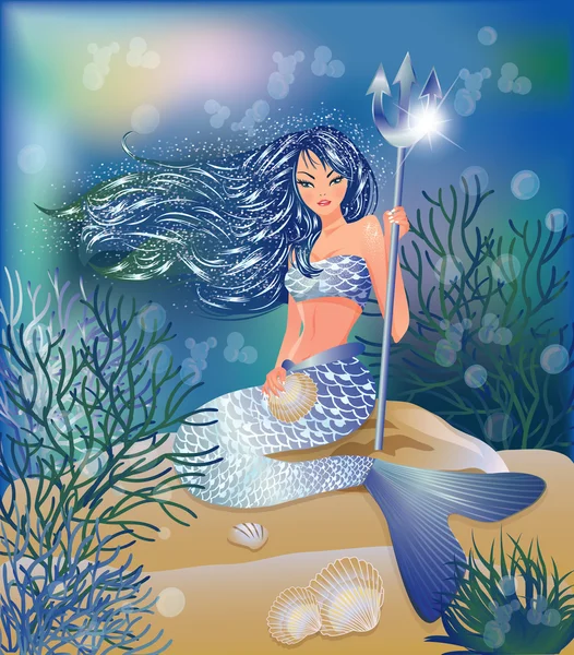 Sirena con Tridente y concha marina, ilustración vectorial — Archivo Imágenes Vectoriales