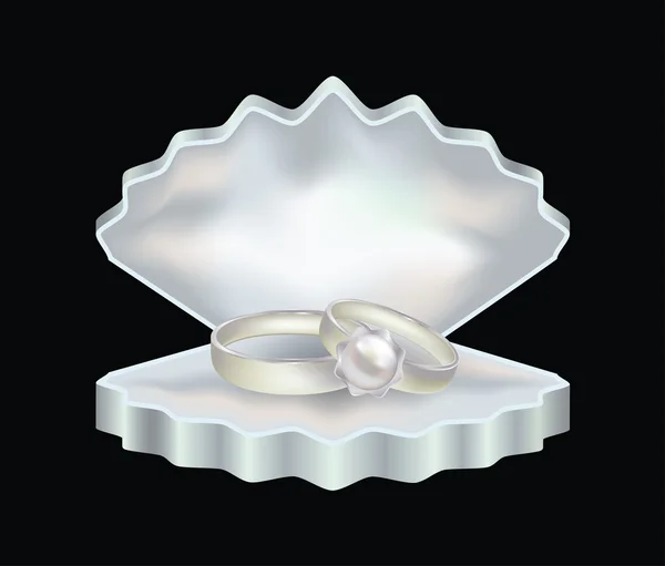 Anéis de pérola em uma caixa de concha para jóias, ilustração vetorial — Vetor de Stock