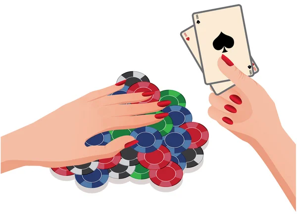 Weibliche Hand und Pokerchips und Karten. Vektorillustration — Stockvektor