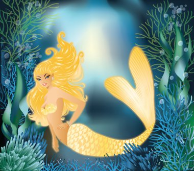 Pretty Gold Mermaid with underwater background, vector clipart