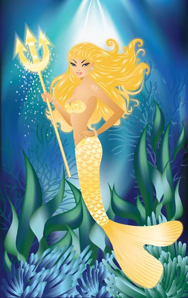 Gold Mermaid with trident, vector illustration — Stock Vector