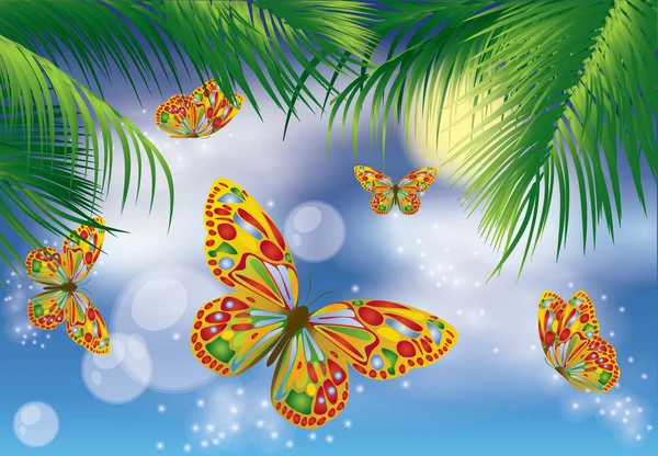 Tarjeta tropical con mariposa. ilustración vectorial — Vector de stock