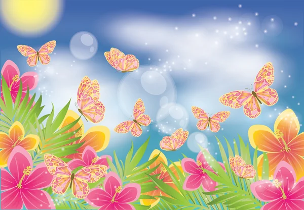 Fundo de verão com borboleta, ilustração vetorial —  Vetores de Stock