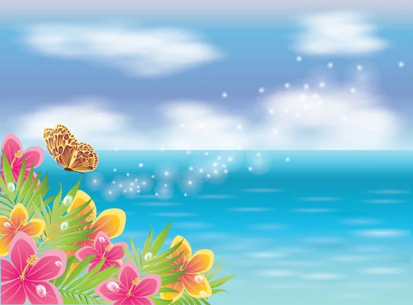 Summer tropical background with butterfly, vector