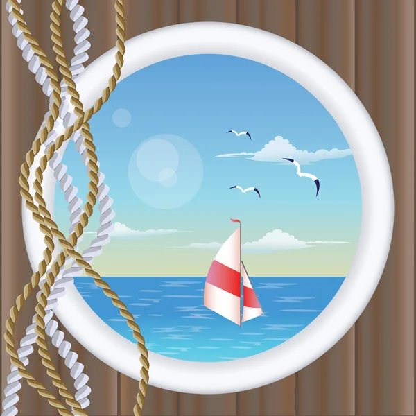 Oblò della finestra con la nave galleggiante, illustrazione vettoriale — Vettoriale Stock