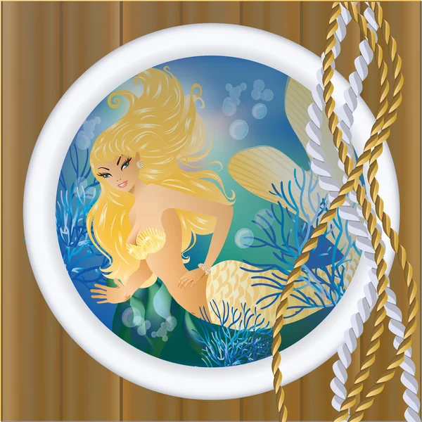 Guld sjöjungfru i hyttventil. vektor illustration — Stock vektor