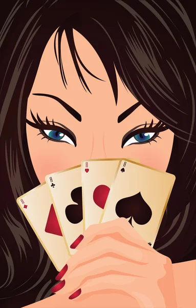 Красивая девушка с покерными картами, векторная иллюстрация — стоковый вектор
