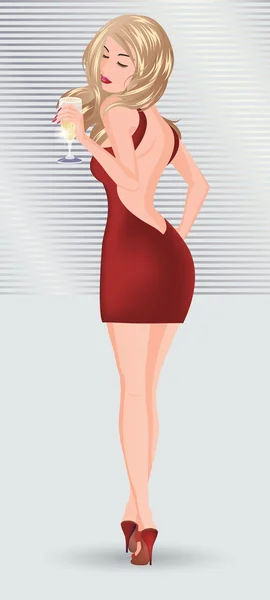 Glamour Fille en rouge avec champagne, illustration vectorielle — Image vectorielle