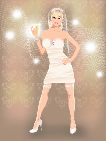Sexy bruid met champagne. vectorillustratie — Stockvector