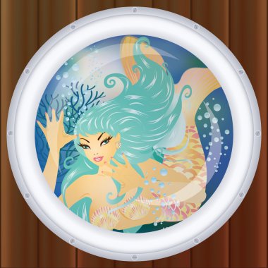 Mermaid underwater in porthole, vector illustration clipart