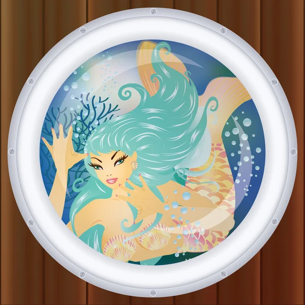 Meerjungfrau unter Wasser im Bullauge, Vektorillustration — Stockvektor