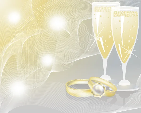 Обручальные кольца и два бокала шампанского. векторная иллюстрация — стоковый вектор