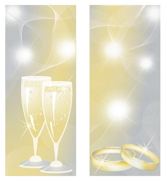 Esküvői bannerek pezsgővel és gyűrűk. vektor — Stock Vector