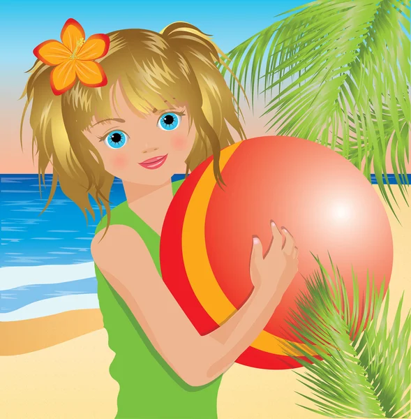 Sommer kleines Mädchen mit rotem Ball. Vektorillustration — Stockvektor