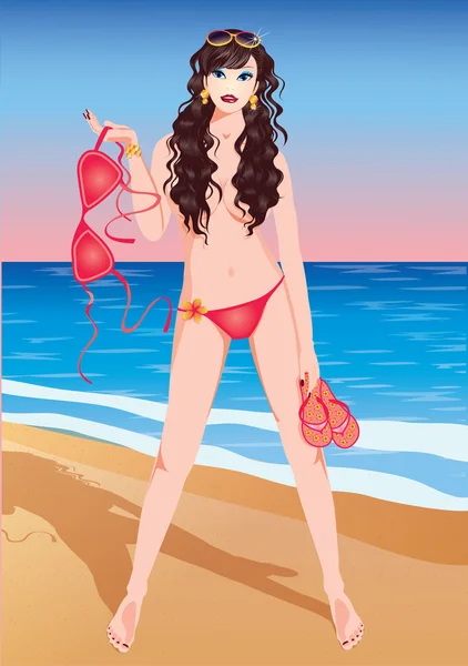 Σέξι κορίτσι τόπλες στην παραλία, εικονογράφηση φορέας — Διανυσματικό Αρχείο