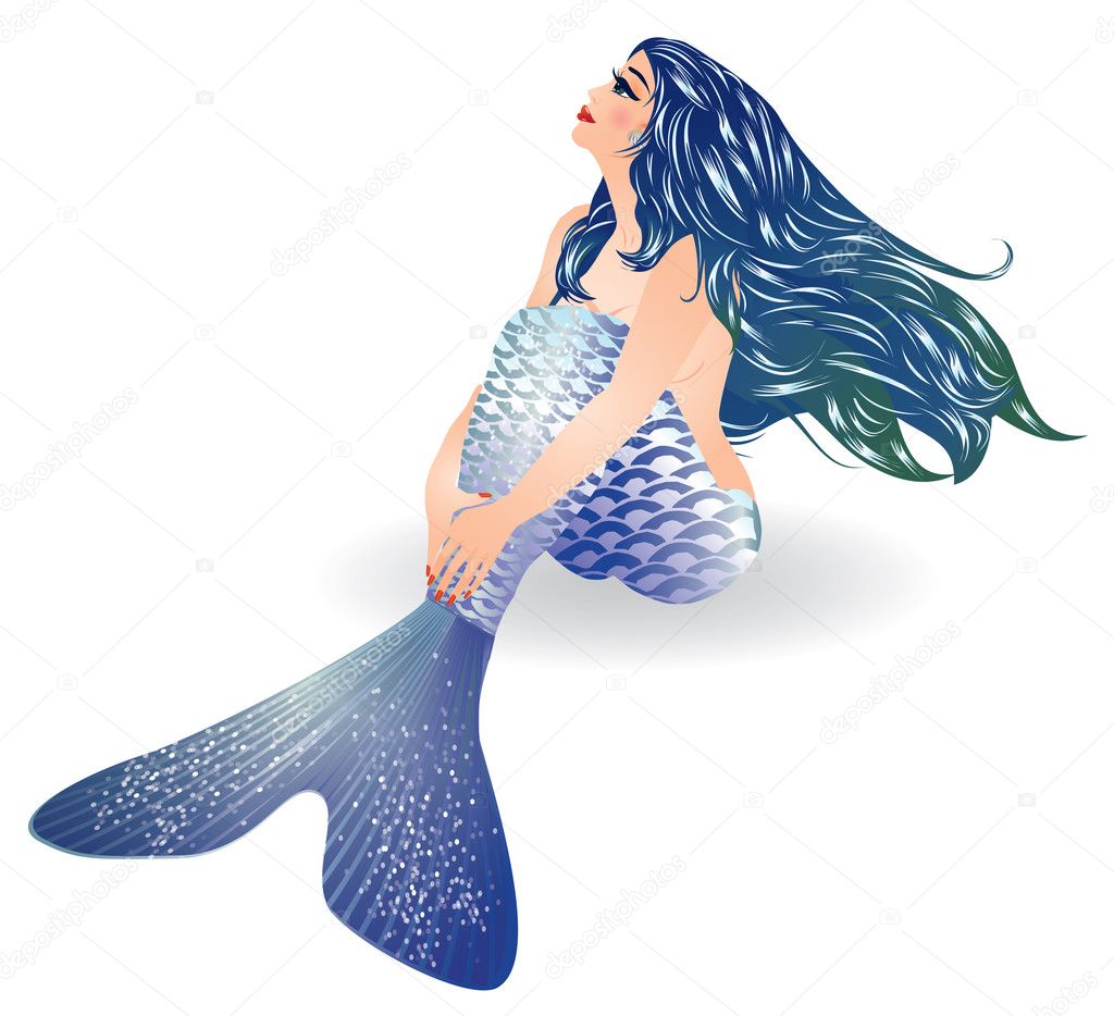 Isolated Blue Mermaid sitting, vector illustration